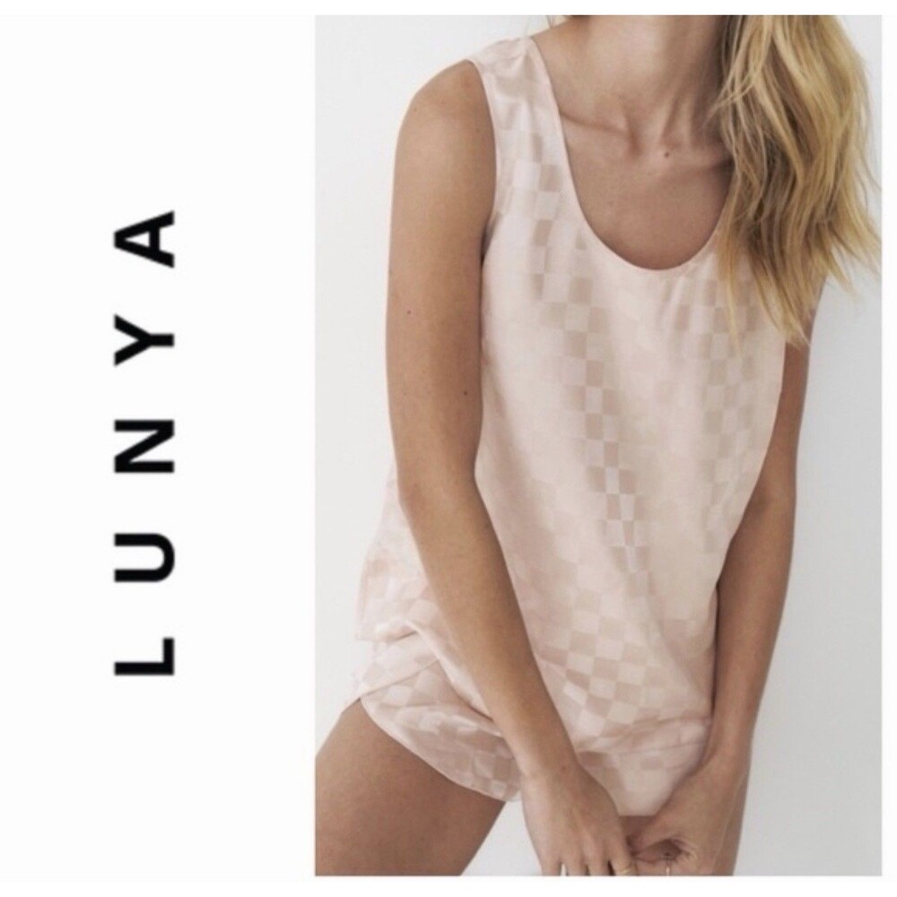 Lunya Washable 100% Silk Shorts Tank PJ Set Otium Tan Pink Checkered Jacquard S